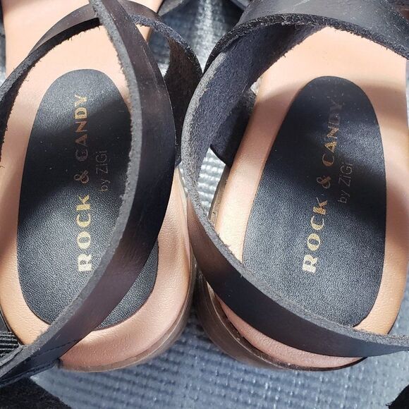 Rock & Candy Strappy Chunky Heeled Black Sandals Size 8 Ankle Strap Buckle - Picture 6 of 10